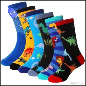 Cotton Crew Socks 6 Pairs Boys Novelty Cartoon Space Dinosaur